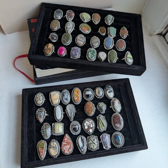 Dark Romance Black White Sterling Silver Ring Retro Vintage Boho Stone Size 7 - Picture 2 of 6